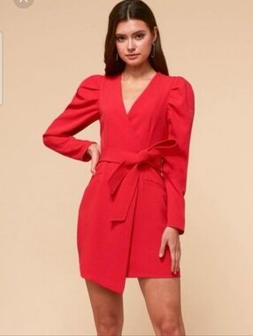 NWT Adelyn Rae Camryn Red Puff Sleeve Wrap Blazer Dress Belted Mini Size M